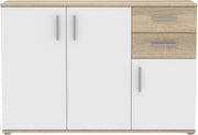 Cómoda Forte IKOLI 120, cómoda moderna, 3 puertas, 2 cajones, salón/dormitorio, pasillo, madera derivada, blanco con decoración de roble Sonoma, 119,6 cm de ancho x 81,7 cm de alto x 31,4 cm de fondo