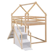 Literas tipo casita con tobogán y escaleras de almacenamiento, litera de madera individual sobre individual para niños con techo y escaleras para niñas y niños