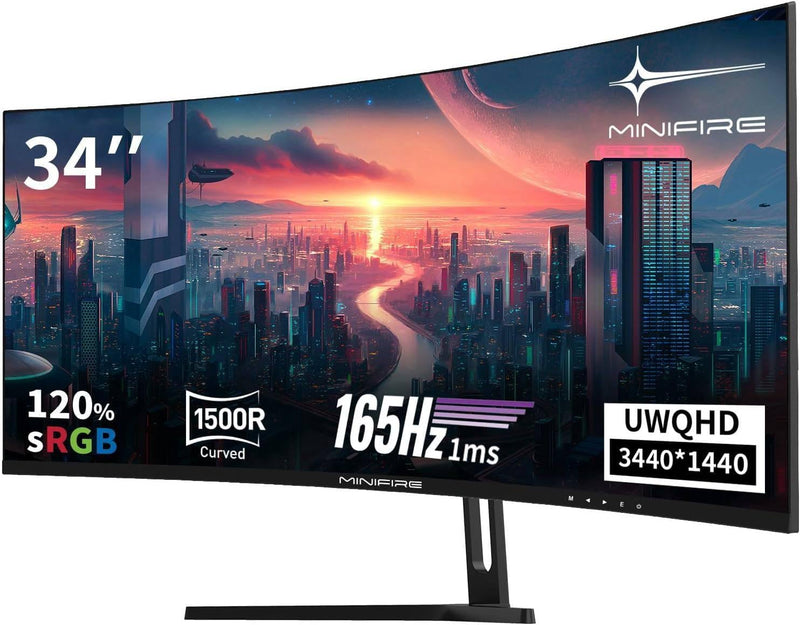Minifire Monitor Gaming Curvo para PC de 34 pulgadas, 2K UWQHD (3440x1440), 1ms MPRT, 165Hz (DP), 100Hz (HDMI), AMD FreeSync, Monitor Gaming 1500R, Panel VA, 2 puertos HDMI 2.0/2 puertos DP 1.4 (cable DP incluido en el modelo MFG34C5Q)