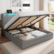 Cama FEONASE 180x200 con almacenamiento, cama tapizada de 180x200 cm con iluminación LED y estación de carga, estructura de cama con elevación hidráulica y cabecero de lino con almacenamiento, somier, sin colchón, gris claro