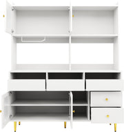 Armario de cocina con espacio de almacenamiento, aparador cómoda con cajones y puerta de cristal, armario alto de 145x39x171 cm con encimera, mueble buffet para cocina, mueble de salón, aparador vitrina (blanco)