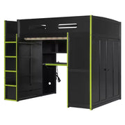 Cama alta matrimonial Merax con escritorio, armario, luces LED RGB y puerto de carga USB, elegante estructura negra con espacio de almacenamiento múltiple para amantes de los videojuegos