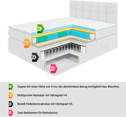 Cama boxspring ALTDECOR con colchón y somier, cubrecolchón, cama tapizada con arcón, cama con espacio de almacenamiento, colchón H3 y H4, cama doble, cama tipo boxspring - OTTA King - 180x200 - Terciopelo beige
