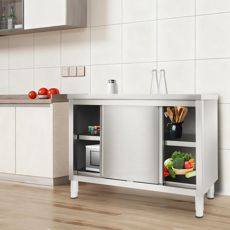 Armario de trabajo con puertas correderas, mesa de trabajo de acero inoxidable, armario de mesa de trabajo para cocina, armario de acero inoxidable independiente, mesa de acero inoxidable para cocina, restaurante, garaje, 120 x 50 x 86 cm