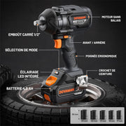 DOVAMAN TITANCE X8 Llave de Impacto Inalámbrica de 20V – Alto Torque 1200 Nm, Motor sin Escobillas, Eléctrica de 1/2" con Batería de 4,0Ah, 5 Vasos y Cargador Rápido para Reparación Automotriz
