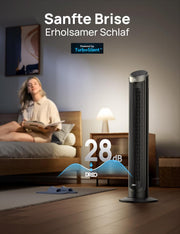 DREO Smart Turmventilator Sehr Leise, 90° Oszillierend Standventilator für Schlafzimmer, 7.9 m/s Windstärke, 5 Stufen, 4 Modi, Touch/Fernbedienung/App & Sprachsteuerung, Alexa, 12H Timer, Silber