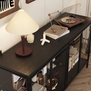 Vitrina moderna Caldion con iluminación LED, 140×40×75 cm, armario expositor de vidrio templado y MDF, hierro, vitrina de cristal con iluminación de 3 colores, para salón, oficina