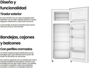 INFINITON Frigorífico de dos puertas FG-A145B, 200 Litros, 143 cm de altura, Defrost, luz LED interior, clase E, diseño con tirador integrado, 55 cm de ancho, patas regulables en altura, puerta reversible, blanco