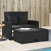vidaXL Sofá de jardín con cojines, 2 plazas, sofá de exterior con taburete con almacenamiento, sofá con funda extraíble, muebles de jardín, conjunto de jardín, ratán sintético negro