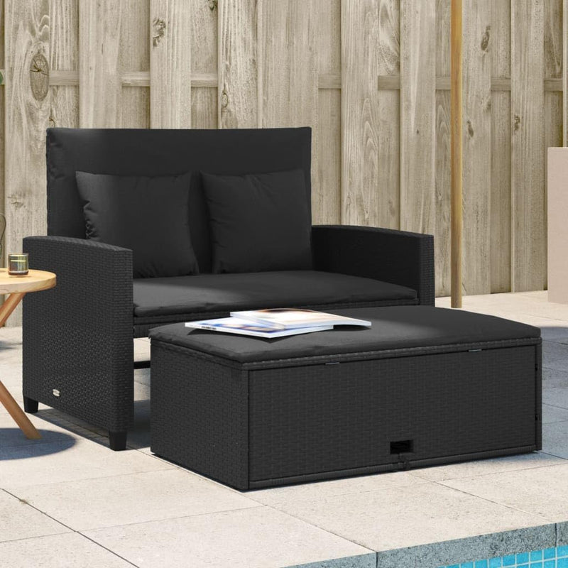 vidaXL Sofá de jardín con cojines, 2 plazas, sofá de exterior con taburete con almacenamiento, sofá con funda extraíble, muebles de jardín, conjunto de jardín, ratán sintético negro
