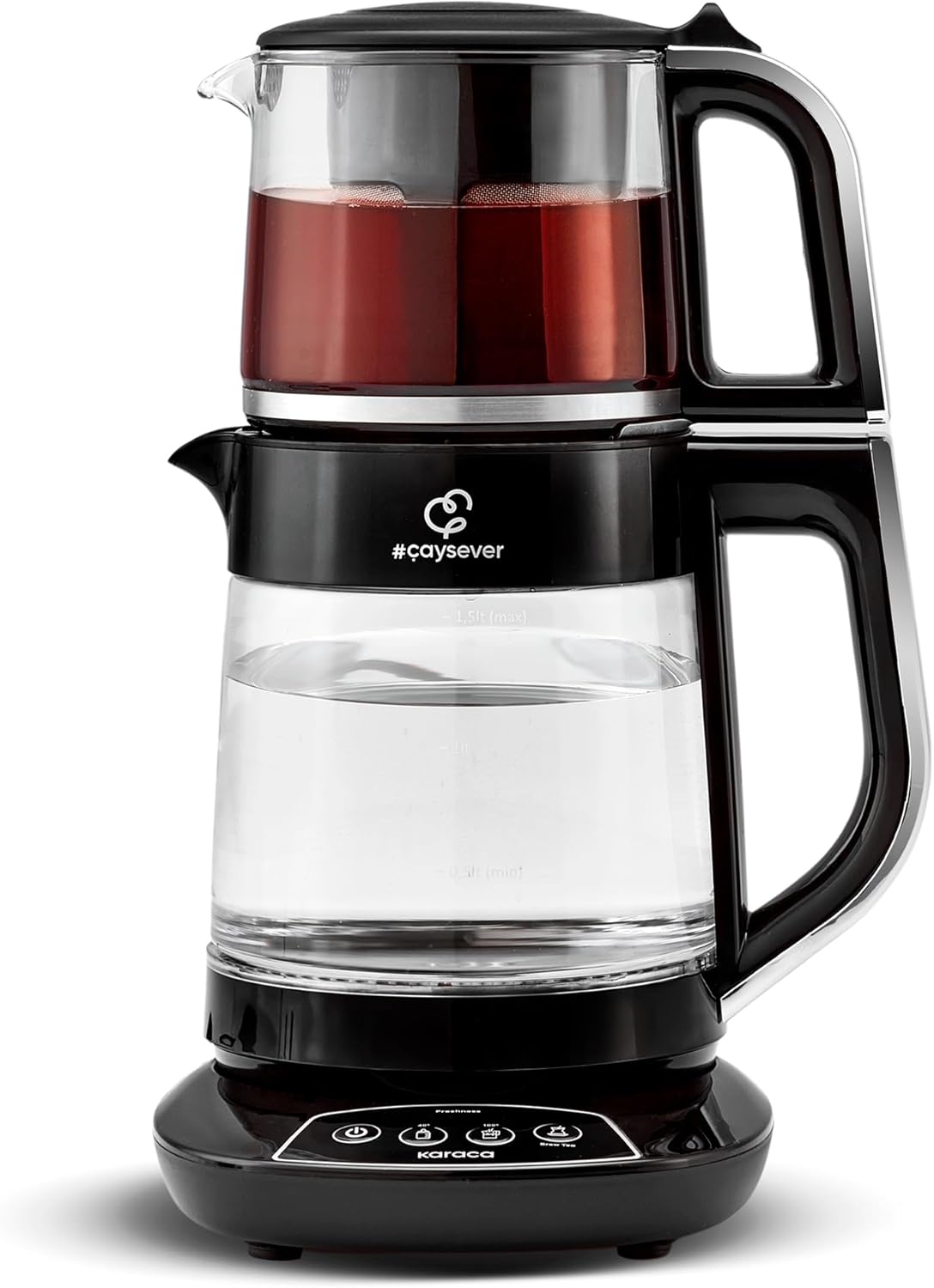 Máquina de té Karaca Caysever, acero, cromo 1700 W, libre de BPA, capacidad de tetera de cristal de 0,8 L, capacidad del depósito de agua de 1,5 L, preparación de agua