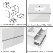 Muebles de baño, lavabo de cerámica de 80 cm con mueble bajo, conjunto de muebles de baño, armarios de baño con 2 cajones de cierre suave, blanco brillante