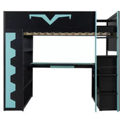 Cama tipo loft para juegos Luxystar Modern con escritorio iluminado, bandeja para teclado, tablero perforado y estantería de almacenamiento