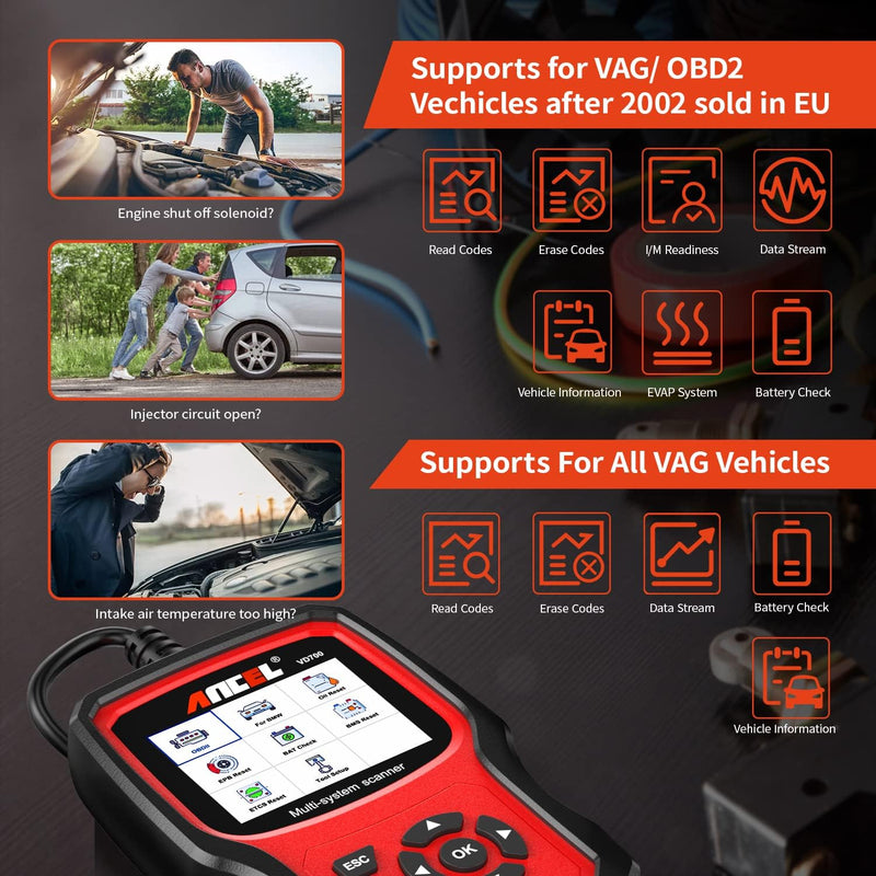 ANCEL VD700Pro Lector de códigos OBD2 de diagnóstico de todos los sistemas para vehículos VAG Volkswagen Audi Seat Skoda Escáner OBD Restablecimiento de aceite TPMS EPB TPS Codificación de inyectores SAS Regeneración DPF