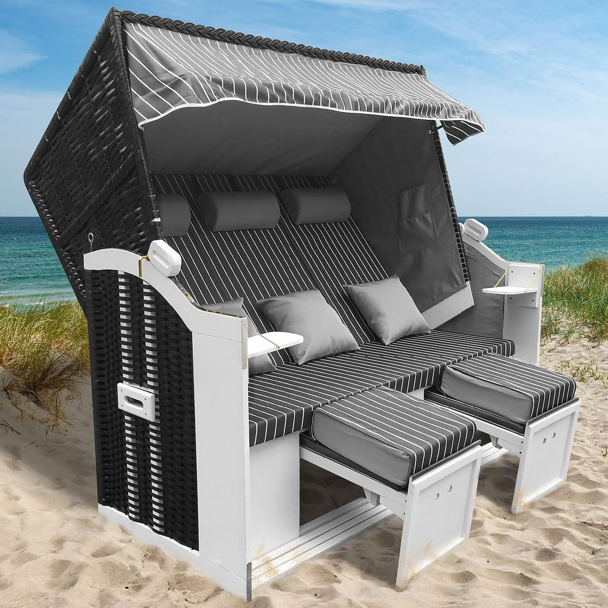 BRAST® Cesta de playa Usedom XXL de 3 plazas para 2-3 personas | 165 cm de ancho | 5 diseños | incluye funda impermeable | respaldo ajustable, cojines para los pies | antracita/gris - a rayas