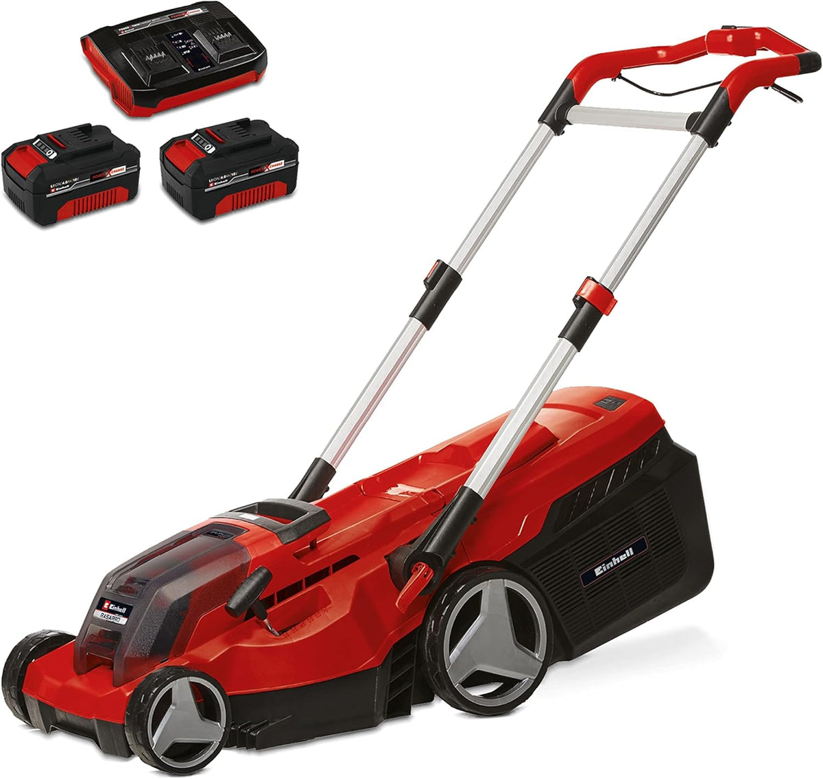 Cortacésped inalámbrico Einhell RASARRO 36/38 Kit Power X-Change (36 V, 38 cm de ancho de corte, 450 m², sin escobillas, función de mulching, bolsa colectora de 45 l, incl. 2 baterías de 4,0 Ah + cargador doble)