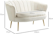 Sofá de 2 plazas HOMCOM con reposabrazos, respaldo en forma de pétalo, acolchado grueso, sofá tapizado moderno con aspecto de terciopelo y patas de metal para salón, 130 x 77 x 77 cm, blanco crema