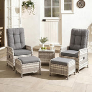 Set de muebles de jardín de ratán de 5 piezas, conjunto de conversación para patio con 2 sillas, 2 taburetes y 1 mesa, respaldos ajustables y cojines suaves, para terrazas, jardines y patios, gris