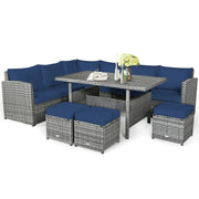 Conjunto de muebles de comedor para patio de 7 piezas de ratán con sofá seccional, mesa de comedor, otomanas y cojines
