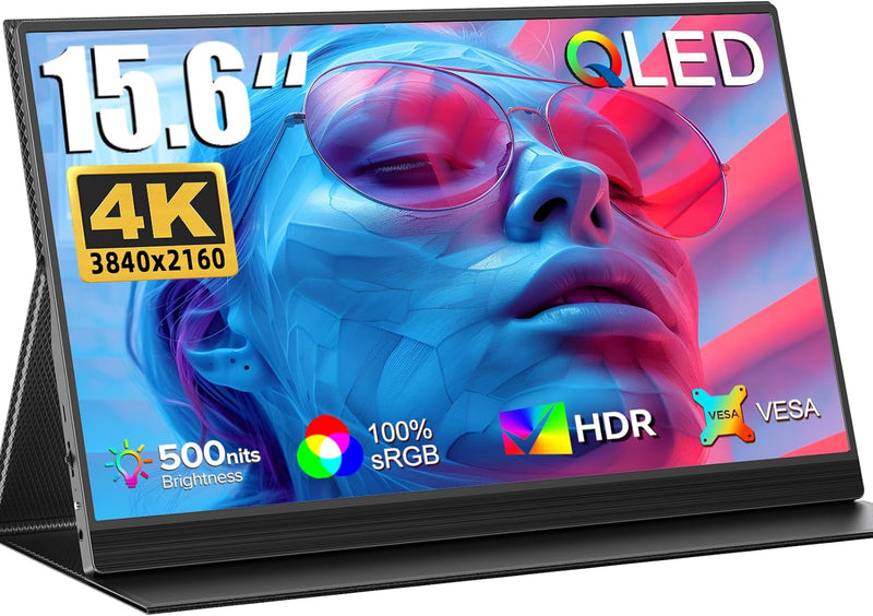 UPERFECT Monitor portátil QLED 4K de 15,6 pulgadas, 100% AdobeRGB, relación de contraste 1500:1, pantalla portátil UHD IPS para juegos, protección ocular con Mini HDMI/Tipo-C/USB OTG, compatibilidad VESA