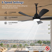 Ventilador de techo para exteriores con luz IP65 resistente al agua, 106 cm, silencioso, con iluminación y control remoto, regulable, 6 velocidades, temporizador, lámpara con ventilador para terraza y cenador, negro