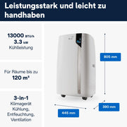 De'Longhi Pinguino PAC EL112 CST WiFi, aire acondicionado portátil con tecnología MyEcoRealFeel para habitaciones de hasta 110 m³, 11.000 BTU/h, 2,9 kW, 63 dB, función de deshumidificación, A+, control por aplicación y voz, blanco