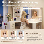 Tocador YOUDENOVA con iluminación LED, espejo grande y enchufes, tocadores con 3 cajones y 3 estantes, 4 compartimentos inferiores, tocador esquinero en forma de L, 120x80x136cm, blanco