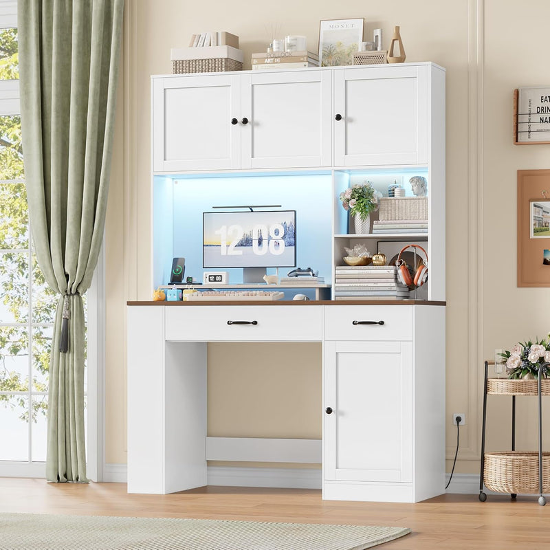 Escritorio FirFurd de 180 cm de altura con cajones y estantería, mesa de ordenador de madera con LED y regleta de enchufes, escritorio de oficina, mesa para PC, muebles para despacho, oficina, habitación infantil, 180x120x50 cm, blanco