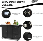 KOMFOTTEU Isla de cocina móvil con encimera de acero inoxidable, carrito de cocina con 3 cajones, toallero y estante ajustable, carrito con ruedas, 135 x 45,5 x 91,5 cm negro