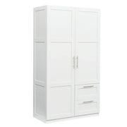 Armario de madera blanca con puertas, cajones y barra para colgar