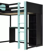 Litera tipo loft en forma de L para juegos con escritorios, litera doble con luces LED, puertos USB, estanterías de almacenamiento, cama alta esquinera de madera para 2 personas