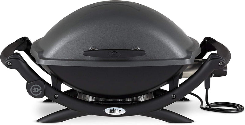 Barbacoa eléctrica Weber Q2400 con mesas laterales, superficie de cocción de 54 x 39 cm, portátil, rejilla de cocción de hierro fundido vitrificado dividida en 2 partes, tapa y cuerpo de aluminio fundido - Gris oscuro (55020079)