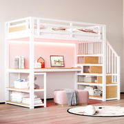 Cama alta de metal Kebnor con escalera de almacenamiento con estantes y mesa, diseño de valla de seguridad con tablones de metal empalmados, cama con estructura de hierro alta con marco de metal para mayor estabilidad (Blanco 90 * 200 cm)
