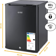 TZS First Austria - Mini refrigerador de 40L silencioso con cerradura - Pequeña mininevera con puerta reversible y luz interior - Minibar para camping, oficina, dormitorio y hotel - Negro mate