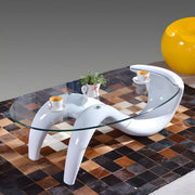 Mesa de centro abstracta moderna con base de metal y cubierta de cristal ovalada