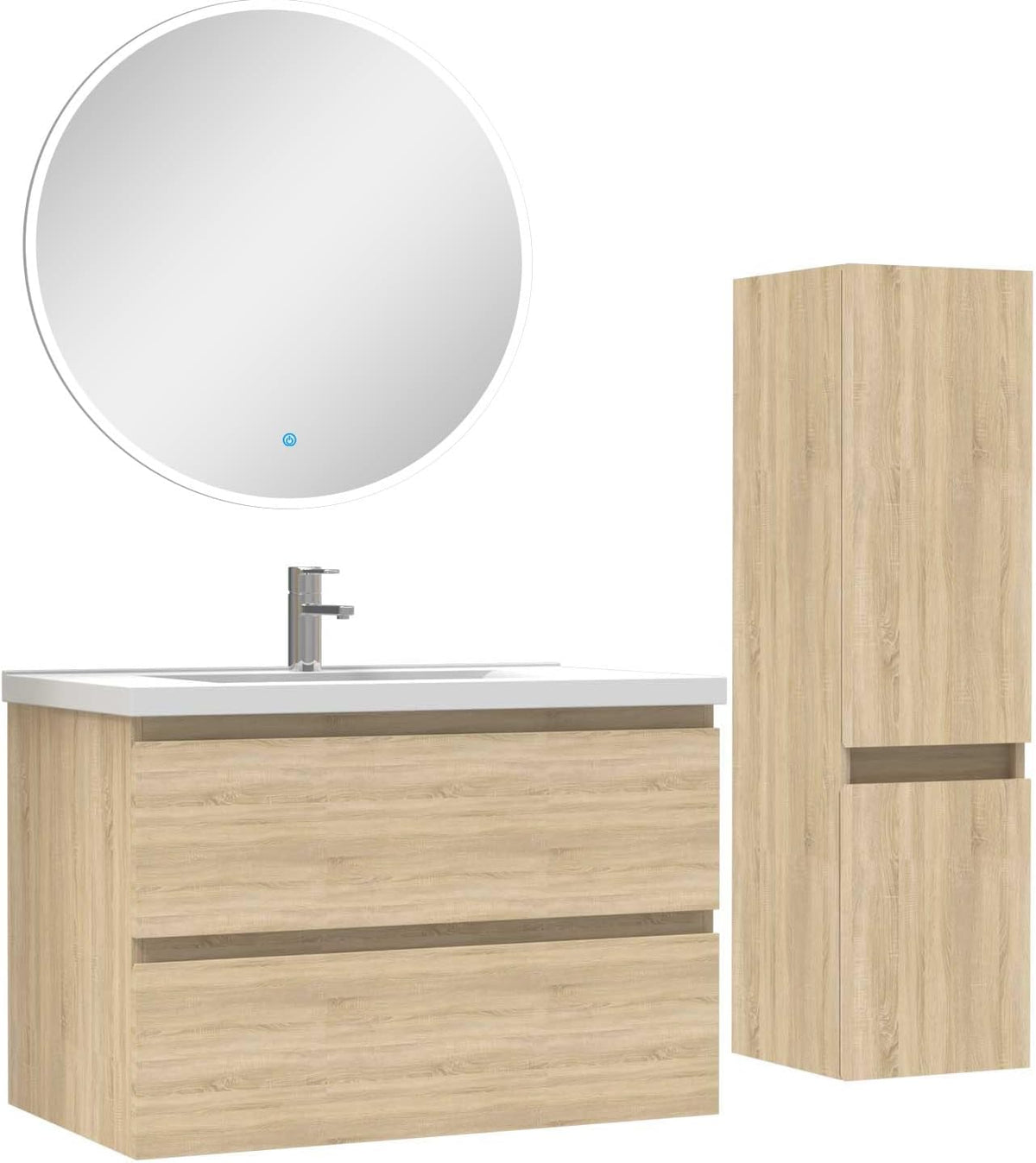 Conjunto de muebles de baño AICA de 80 cm con lavabo + columna + espejo redondo luminoso, roble Wotan