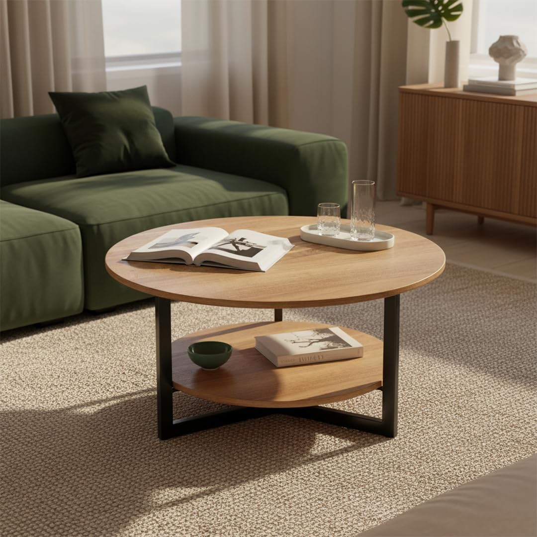 Mesa de centro red onda skølm Drakkar Ø70 cm – Mesa de salón de madera maciza de roble y estructura de metal – Mesa de sofá con 2 estantes – Mesa auxiliar pequeña aceitada – Mesa de madera para salón con espacio de almacenamiento – Mesa de centro