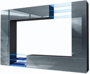 Mueble de salón Vladon Mirage, fabricado en Alemania, mueble mural con panel trasero con 2 puertas, 2 puertas abatibles y 6 estantes de cristal abiertos, negro mate/gris brillante, incluye iluminación LED (262 x 183 x 39 cm)