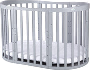 Cuna ovalada evolutiva Waldin, set completo 7 en 1, cuna de barrotes, cama infantil con colchón, cambiador, cuna colecho, madera blanca