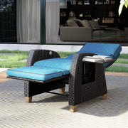 Chaise longue reclinable de patio con posición ajustable, mesa plegable y cojín para jardín, patio, terraza, exteriores – Cojín azul pavo real y mimbre marrón