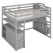 Cama alta de tamaño matrimonial con escritorio y estantes, dos cajones integrados, escalera con almacenamiento, gris