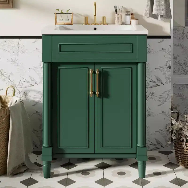 Tocador de baño de 24 pulgadas con lavabo de cerámica, gabinete estilo Shaker, 2 puertas de cierre suave y marco de madera maciza para baño pequeño o tocador