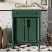 Tocador de baño de 24 pulgadas con lavabo de cerámica, gabinete estilo Shaker, 2 puertas de cierre suave y marco de madera maciza para baño pequeño o tocador