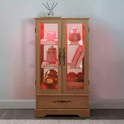 Vitrina de cristal iluminada con estantes ajustables: elegante vitrina de 2 puertas con cajón integrado, incluye bombilla