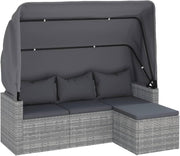 Sofá de jardín de 3 plazas con techo y reposapiés, muebles de jardín tipo lounge, conjunto de jardín, muebles de salón, salón para balcón, rincón de asiento para balcón, zona de estar para jardín, ratán sintético gris