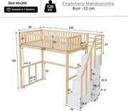 Cama alta Moimhear 90x200 cm con escalera de seguridad y almacenamiento, estructura de cama de madera de pino maciza para niños y jóvenes (color madera + blanco)