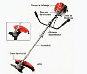 Desbrozadora de gasolina de 52 cc y 2 tiempos, eje recto con sistema antivibración, correa de transporte + accesorios para corte de jardín y mantenimiento de paisajes (2 en 1)