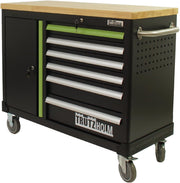 TRUTZHOLM Carro de herramientas vacío Deluxe, carro de taller con 6 cajones y compartimento con puerta, armario de herramientas con cerradura y ruedas con encimera de madera maciza, banco de trabajo móvil 108 x 46,5 x 77 cm, verde/negro