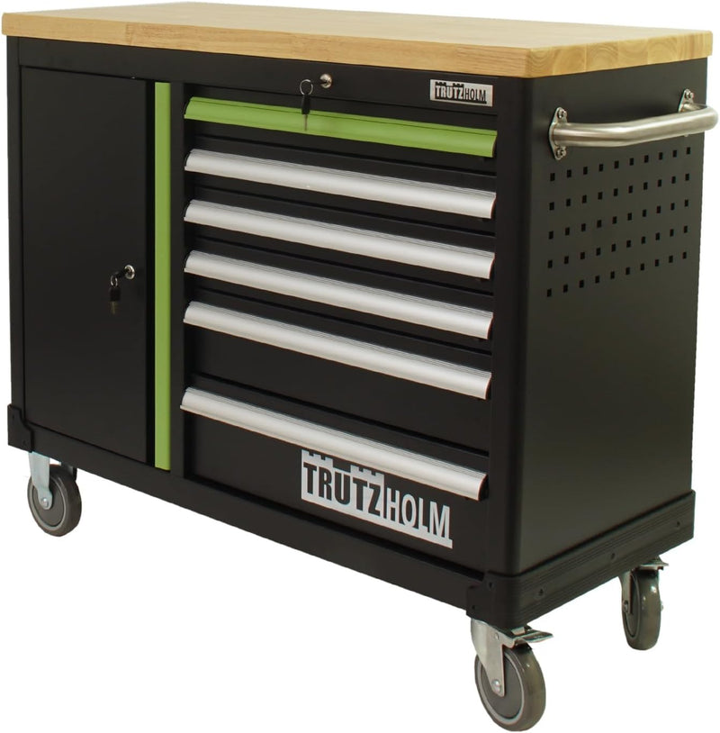 TRUTZHOLM Carro de herramientas vacío Deluxe, carro de taller con 6 cajones y compartimento con puerta, armario de herramientas con cerradura y ruedas con encimera de madera maciza, banco de trabajo móvil 108 x 46,5 x 77 cm, verde/negro
