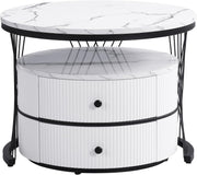 Juego de 2 mesas de centro redondas con tablero de PVC con patrón de mármol y estructura de metal, juego de mesas auxiliares, mesa de café y mesa de sofá con 2 cajones para sala de estar y dormitorio (blanco y negro - 75 cm)